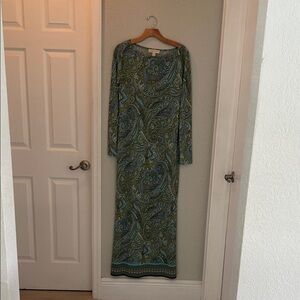 Michael Kors Green and Blue Paisley Long Sleeve Dress